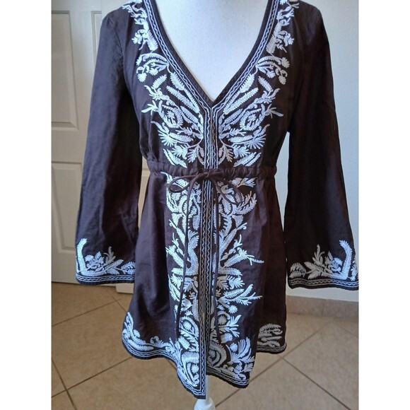 Michael Kors Womens Brown White Embroidered Tie Front Medium Bohemian 3/4 Sleeve - Picture 1 of 15